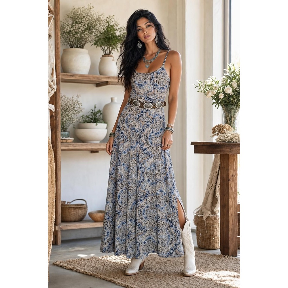 Wrangler Retro Maxi Dress Womens M Blue Paisley Western Boho Cowgirl Resort